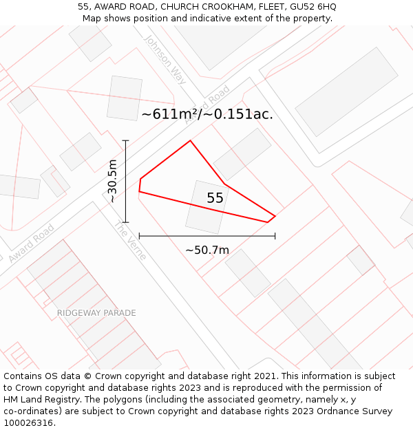 55, AWARD ROAD, CHURCH CROOKHAM, FLEET, GU52 6HQ: Plot and title map