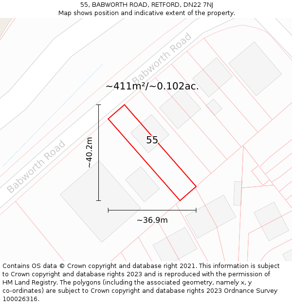 55, BABWORTH ROAD, RETFORD, DN22 7NJ: Plot and title map