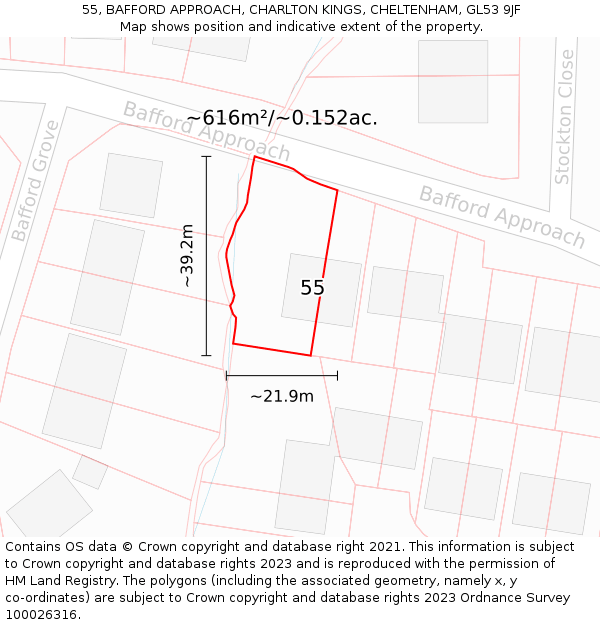 55, BAFFORD APPROACH, CHARLTON KINGS, CHELTENHAM, GL53 9JF: Plot and title map