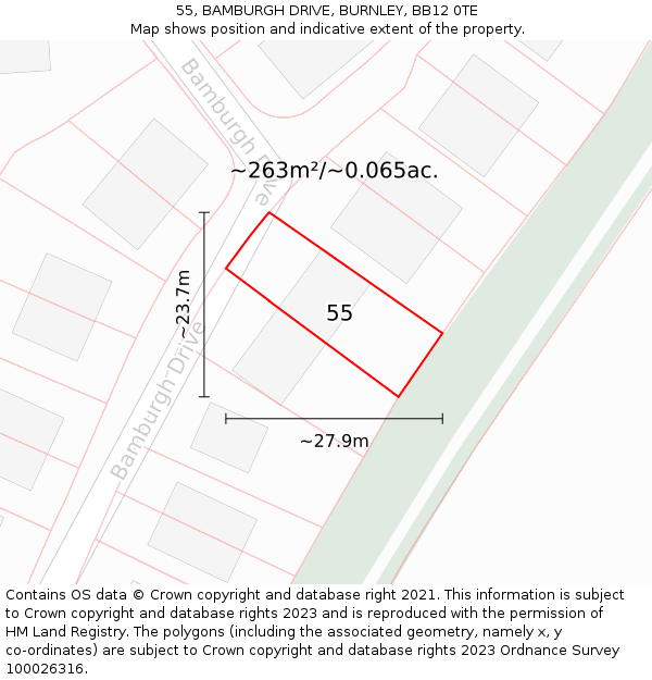 55, BAMBURGH DRIVE, BURNLEY, BB12 0TE: Plot and title map