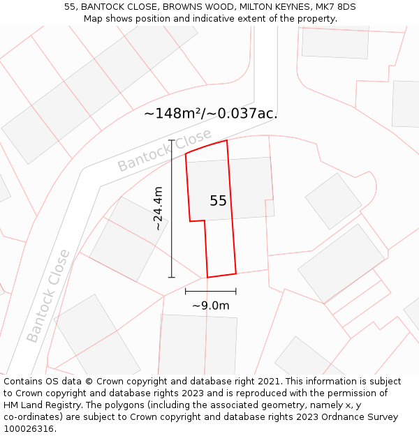 55, BANTOCK CLOSE, BROWNS WOOD, MILTON KEYNES, MK7 8DS: Plot and title map