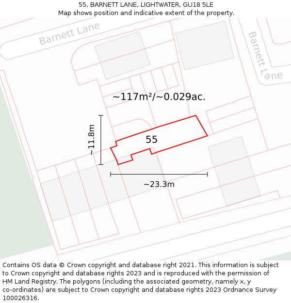 55, BARNETT LANE, LIGHTWATER, GU18 5LE: Plot and title map