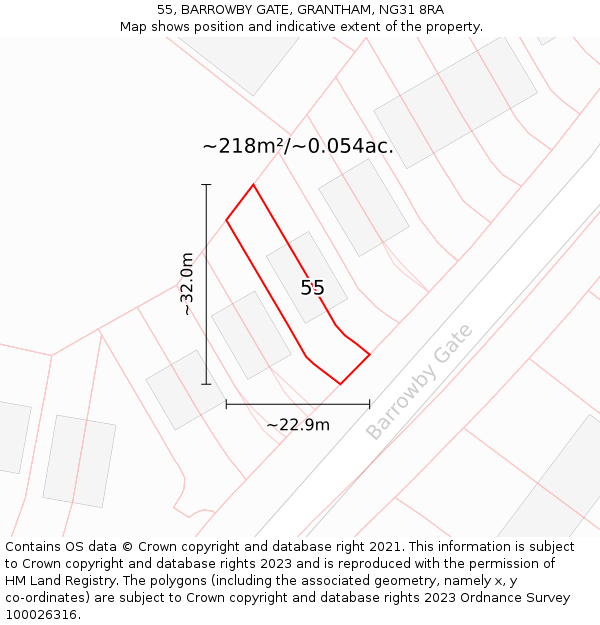 55, BARROWBY GATE, GRANTHAM, NG31 8RA: Plot and title map