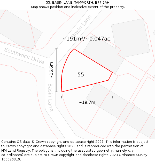 55, BASIN LANE, TAMWORTH, B77 2AH: Plot and title map