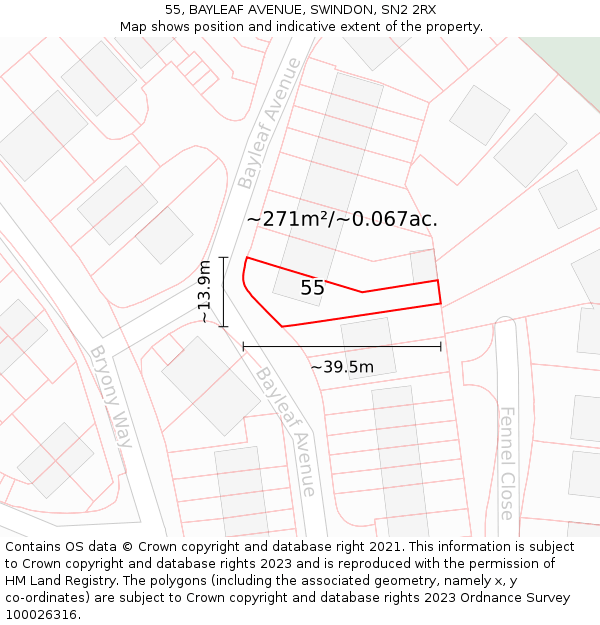 55, BAYLEAF AVENUE, SWINDON, SN2 2RX: Plot and title map