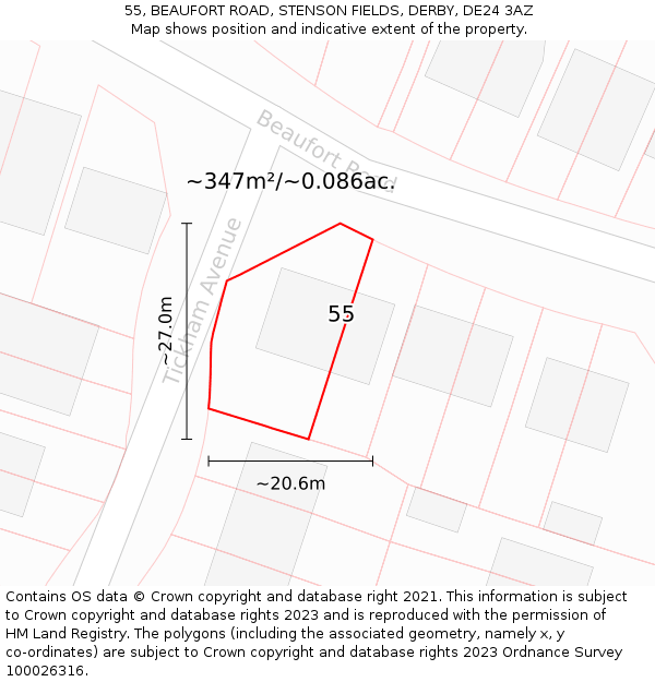 55, BEAUFORT ROAD, STENSON FIELDS, DERBY, DE24 3AZ: Plot and title map