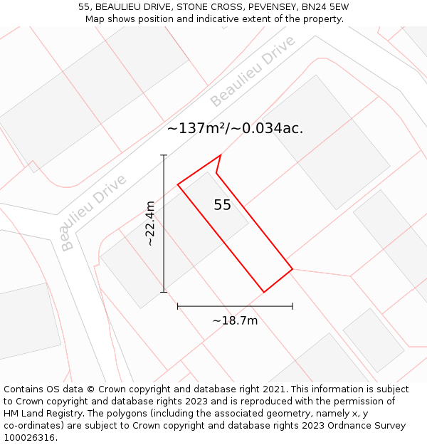 55, BEAULIEU DRIVE, STONE CROSS, PEVENSEY, BN24 5EW: Plot and title map