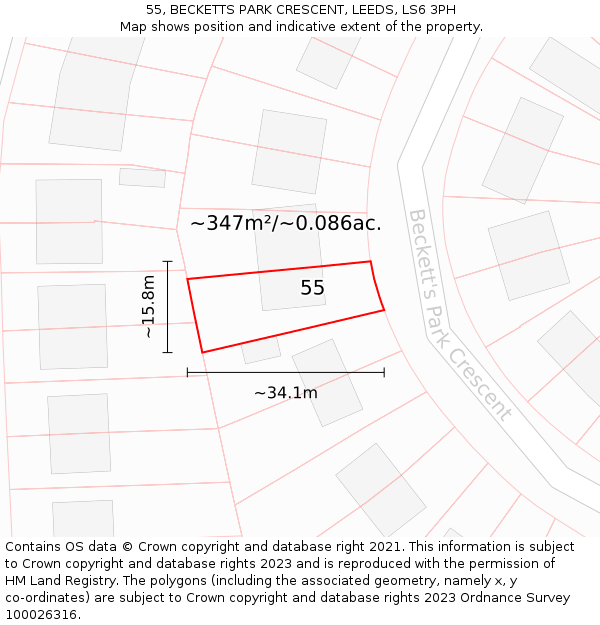 55, BECKETTS PARK CRESCENT, LEEDS, LS6 3PH: Plot and title map