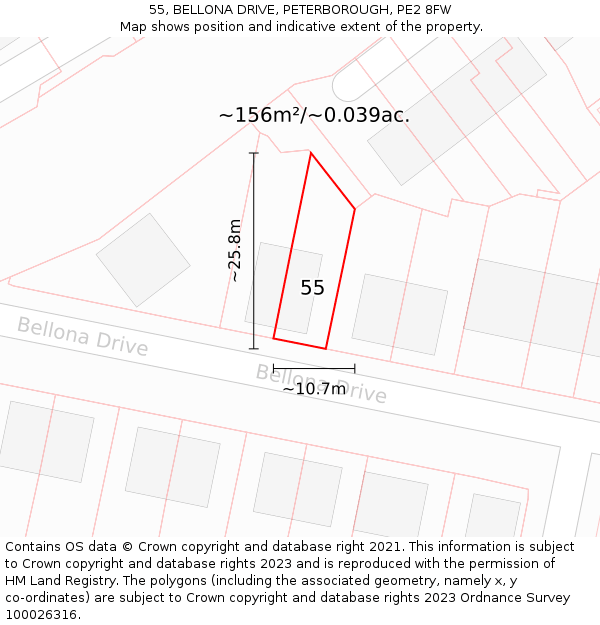 55, BELLONA DRIVE, PETERBOROUGH, PE2 8FW: Plot and title map