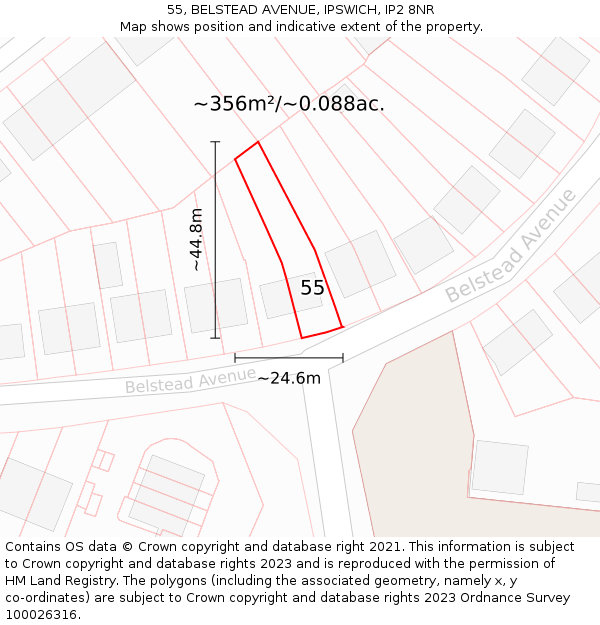 55, BELSTEAD AVENUE, IPSWICH, IP2 8NR: Plot and title map