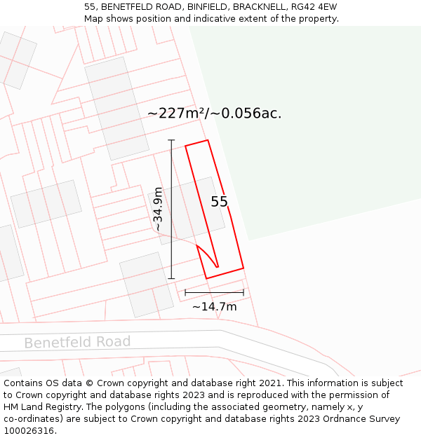 55, BENETFELD ROAD, BINFIELD, BRACKNELL, RG42 4EW: Plot and title map