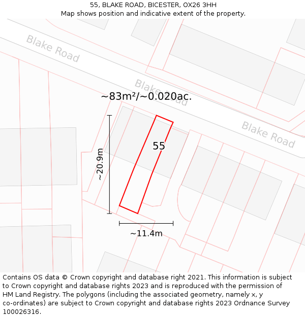 55, BLAKE ROAD, BICESTER, OX26 3HH: Plot and title map