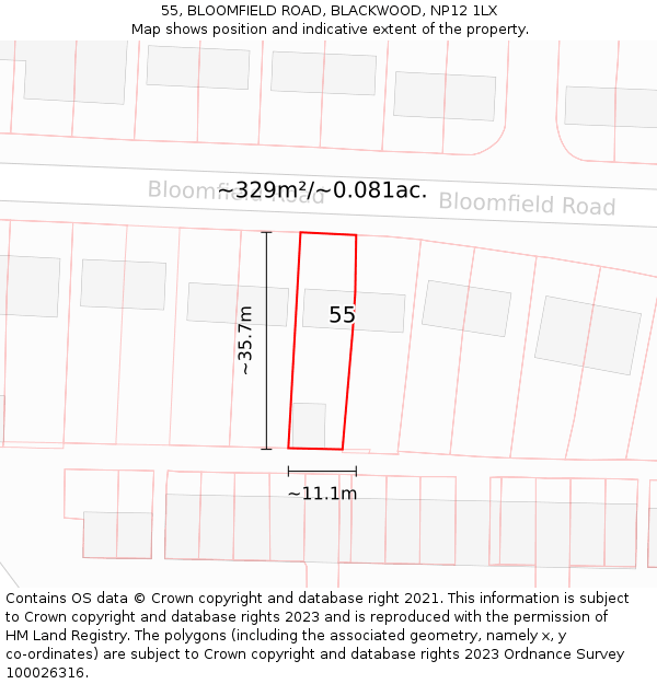 55, BLOOMFIELD ROAD, BLACKWOOD, NP12 1LX: Plot and title map