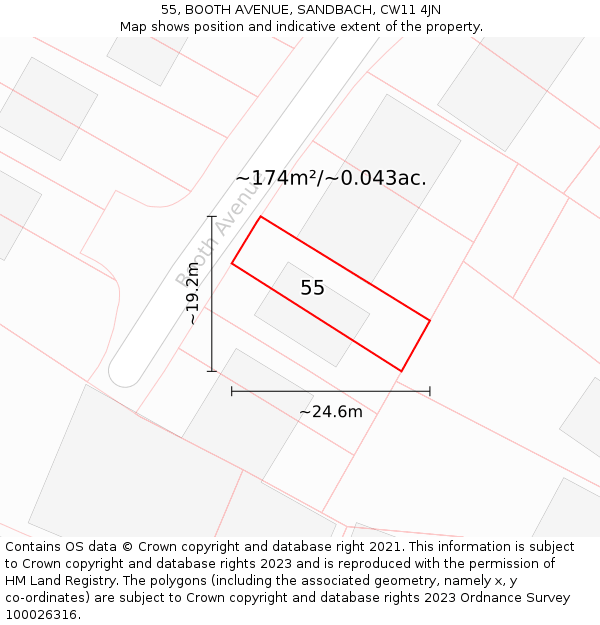 55, BOOTH AVENUE, SANDBACH, CW11 4JN: Plot and title map