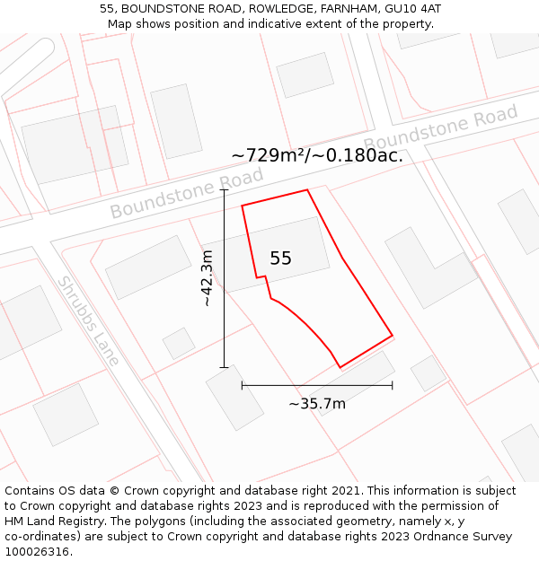 55, BOUNDSTONE ROAD, ROWLEDGE, FARNHAM, GU10 4AT: Plot and title map