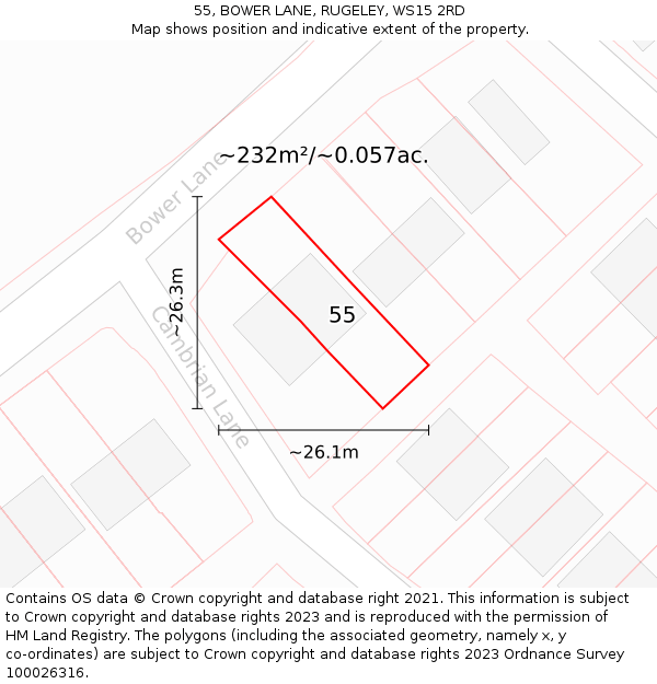 55, BOWER LANE, RUGELEY, WS15 2RD: Plot and title map