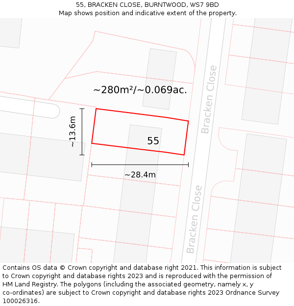 55, BRACKEN CLOSE, BURNTWOOD, WS7 9BD: Plot and title map