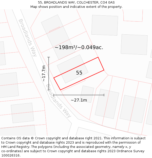 55, BROADLANDS WAY, COLCHESTER, CO4 0AS: Plot and title map