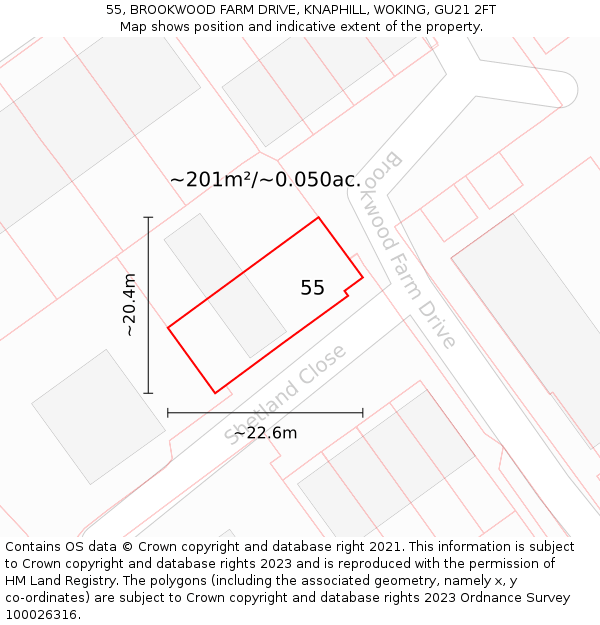 55, BROOKWOOD FARM DRIVE, KNAPHILL, WOKING, GU21 2FT: Plot and title map