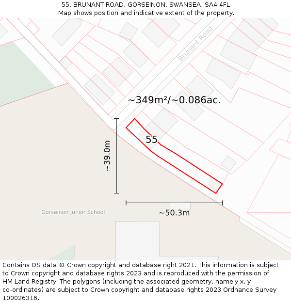 55, BRUNANT ROAD, GORSEINON, SWANSEA, SA4 4FL: Plot and title map