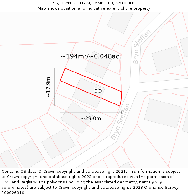 55, BRYN STEFFAN, LAMPETER, SA48 8BS: Plot and title map