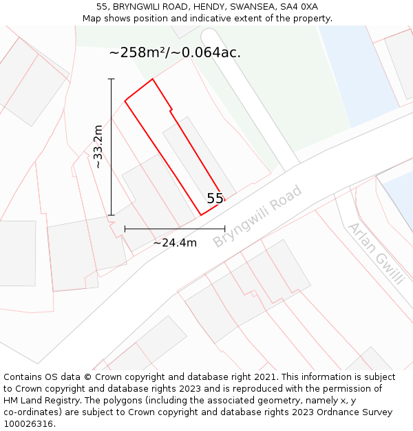 55, BRYNGWILI ROAD, HENDY, SWANSEA, SA4 0XA: Plot and title map