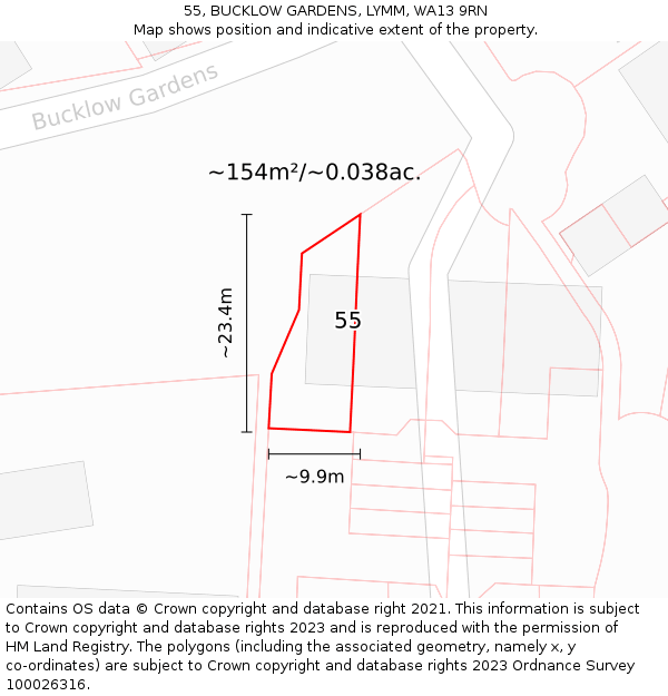 55, BUCKLOW GARDENS, LYMM, WA13 9RN: Plot and title map