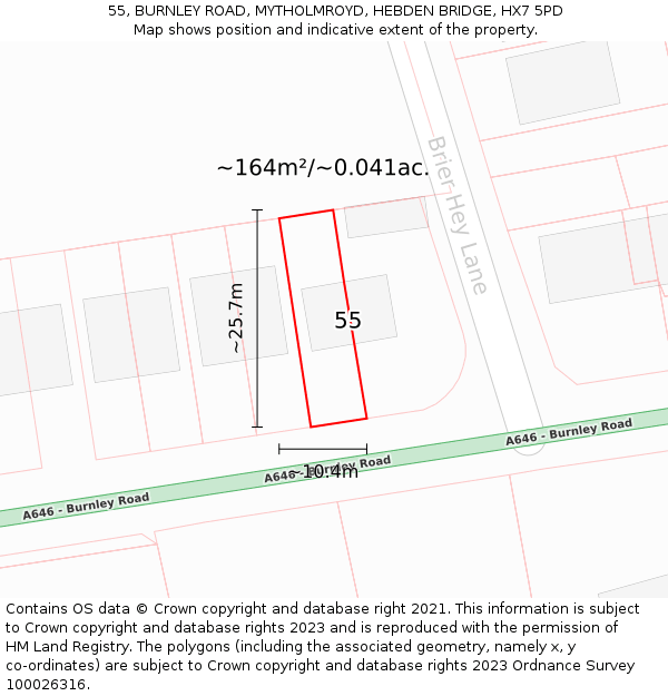 55, BURNLEY ROAD, MYTHOLMROYD, HEBDEN BRIDGE, HX7 5PD: Plot and title map