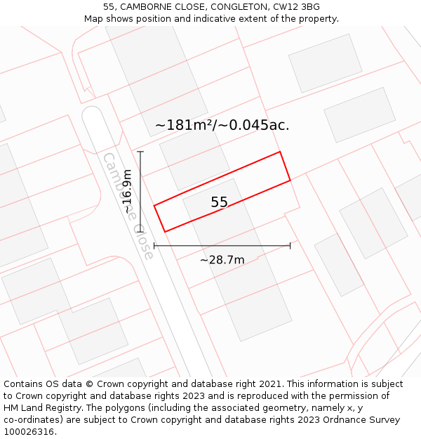 55, CAMBORNE CLOSE, CONGLETON, CW12 3BG: Plot and title map