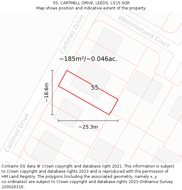 55, CARTMELL DRIVE, LEEDS, LS15 0QR: Plot and title map