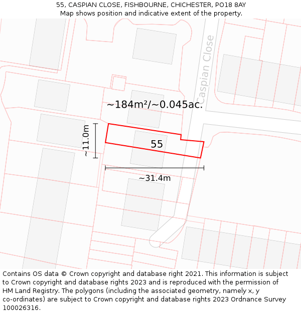 55, CASPIAN CLOSE, FISHBOURNE, CHICHESTER, PO18 8AY: Plot and title map