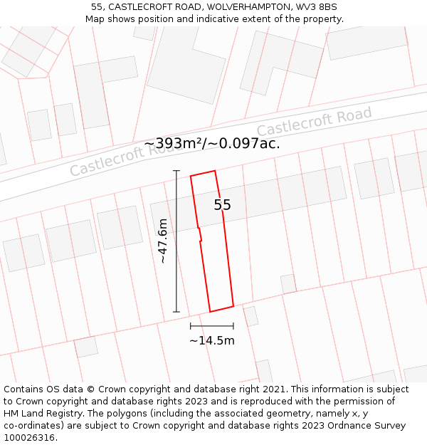 55, CASTLECROFT ROAD, WOLVERHAMPTON, WV3 8BS: Plot and title map