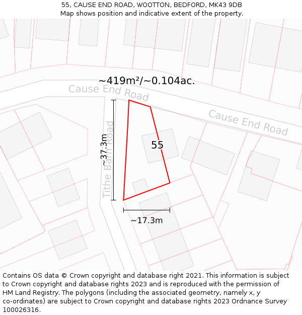 55, CAUSE END ROAD, WOOTTON, BEDFORD, MK43 9DB: Plot and title map