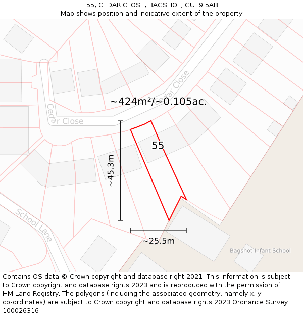 55, CEDAR CLOSE, BAGSHOT, GU19 5AB: Plot and title map