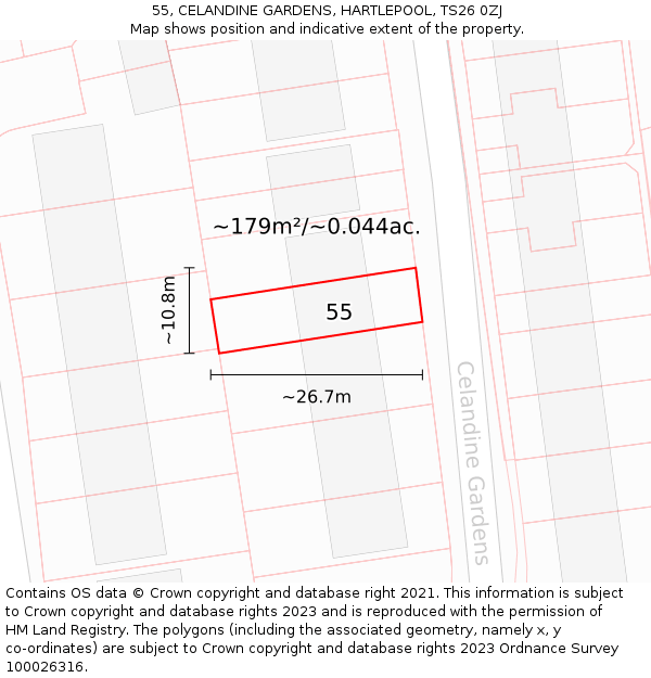 55, CELANDINE GARDENS, HARTLEPOOL, TS26 0ZJ: Plot and title map