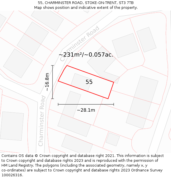 55, CHARMINSTER ROAD, STOKE-ON-TRENT, ST3 7TB: Plot and title map