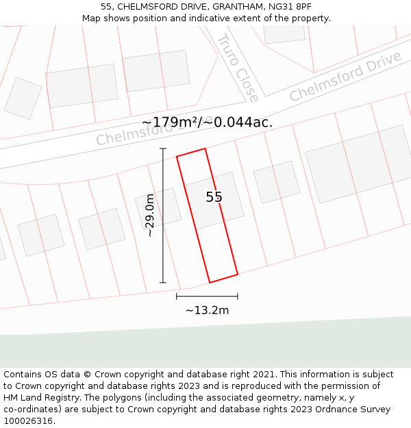 55, CHELMSFORD DRIVE, GRANTHAM, NG31 8PF: Plot and title map