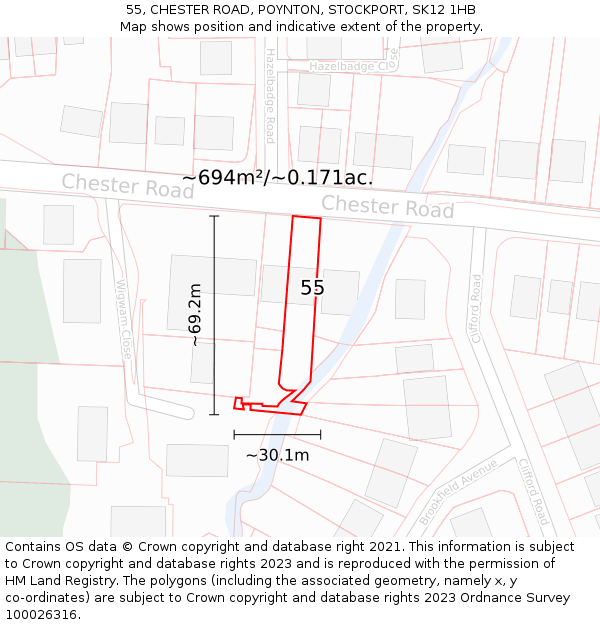 55, CHESTER ROAD, POYNTON, STOCKPORT, SK12 1HB: Plot and title map