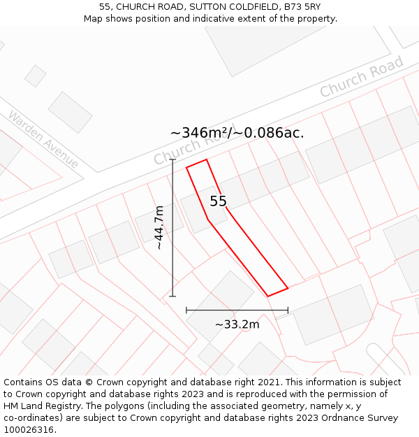 55, CHURCH ROAD, SUTTON COLDFIELD, B73 5RY: Plot and title map