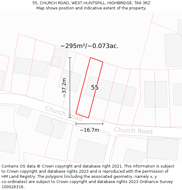 55, CHURCH ROAD, WEST HUNTSPILL, HIGHBRIDGE, TA9 3RZ: Plot and title map