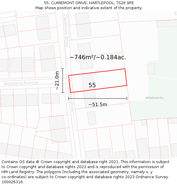 55, CLAREMONT DRIVE, HARTLEPOOL, TS26 9PE: Plot and title map