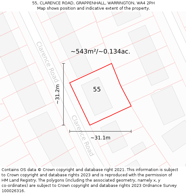 55, CLARENCE ROAD, GRAPPENHALL, WARRINGTON, WA4 2PH: Plot and title map