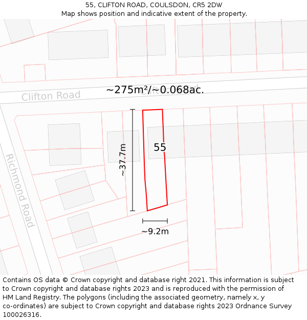 55, CLIFTON ROAD, COULSDON, CR5 2DW: Plot and title map