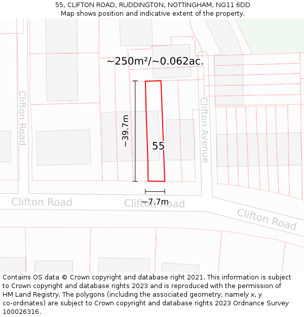 55, CLIFTON ROAD, RUDDINGTON, NOTTINGHAM, NG11 6DD: Plot and title map