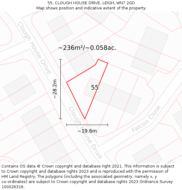 55, CLOUGH HOUSE DRIVE, LEIGH, WN7 2GD: Plot and title map