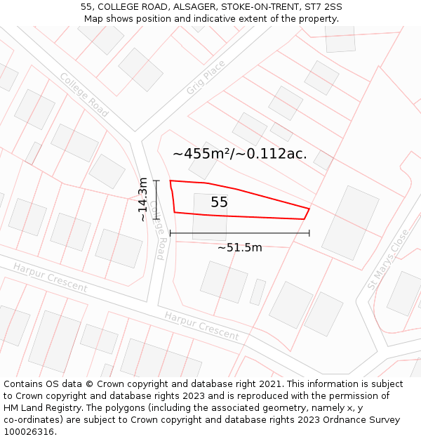 55, COLLEGE ROAD, ALSAGER, STOKE-ON-TRENT, ST7 2SS: Plot and title map