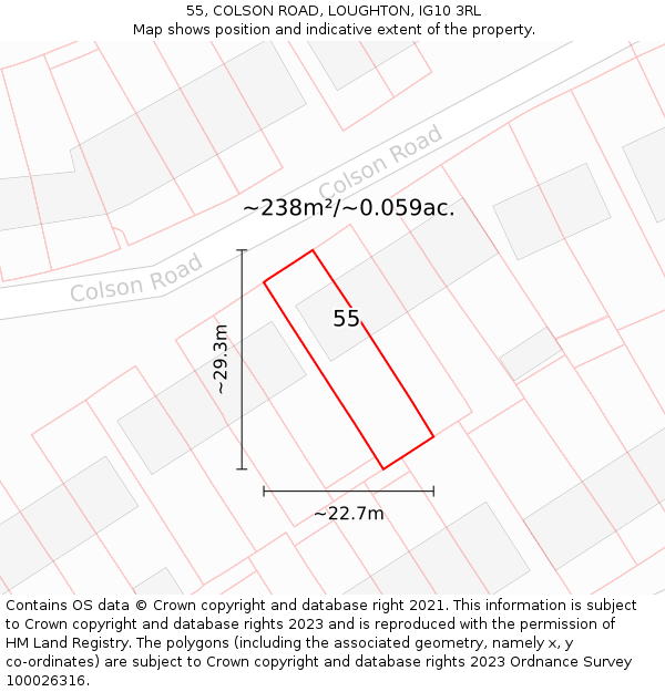 55, COLSON ROAD, LOUGHTON, IG10 3RL: Plot and title map