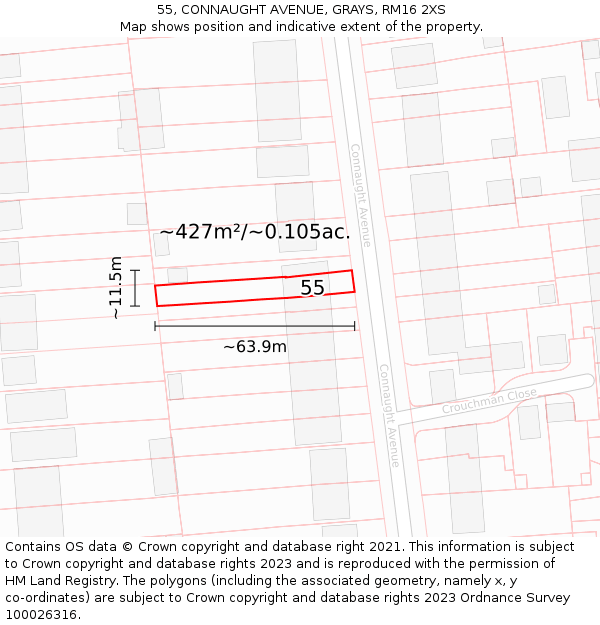 55, CONNAUGHT AVENUE, GRAYS, RM16 2XS: Plot and title map