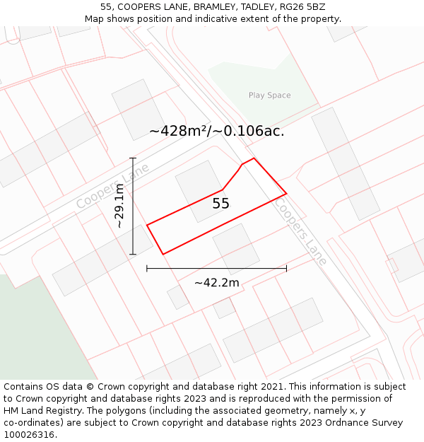 55, COOPERS LANE, BRAMLEY, TADLEY, RG26 5BZ: Plot and title map