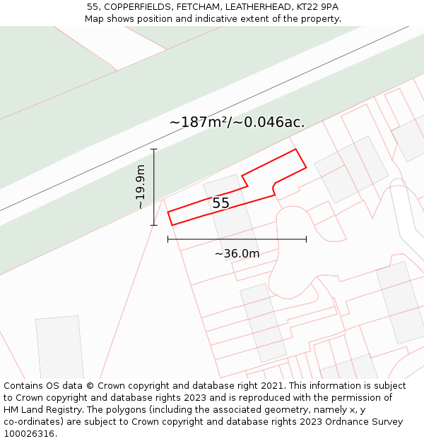 55, COPPERFIELDS, FETCHAM, LEATHERHEAD, KT22 9PA: Plot and title map